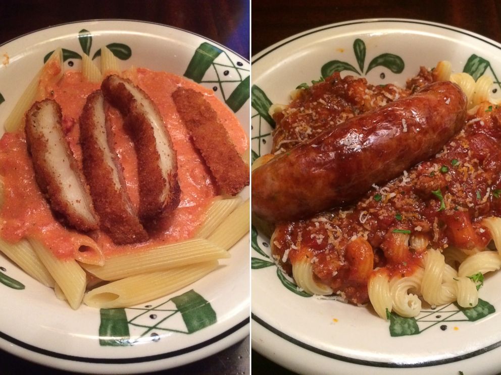 PHOTO: Olive Garden's Five Cheese Marinara Penne with Fried Chicken and Bolognese Cavatappi with Italian Sausage.