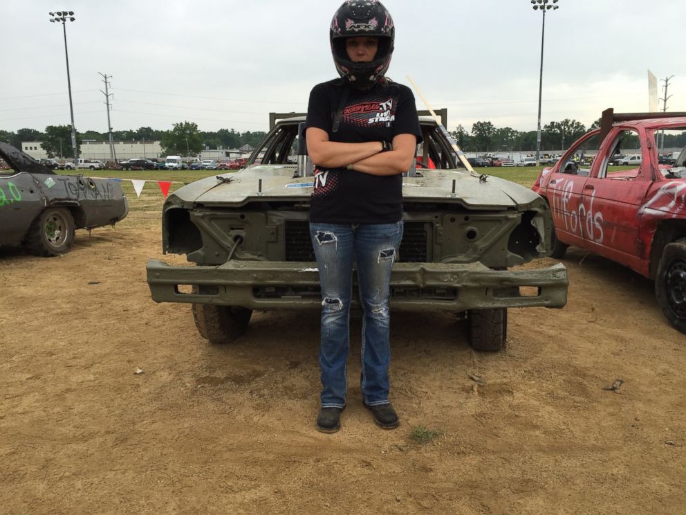 Vicki Schutte of Monroe, Wisconsin, a mother of two and a welder, is shown here at the demolition derby, Metal Mayhem 2015 in Pecatonica, Illinois.