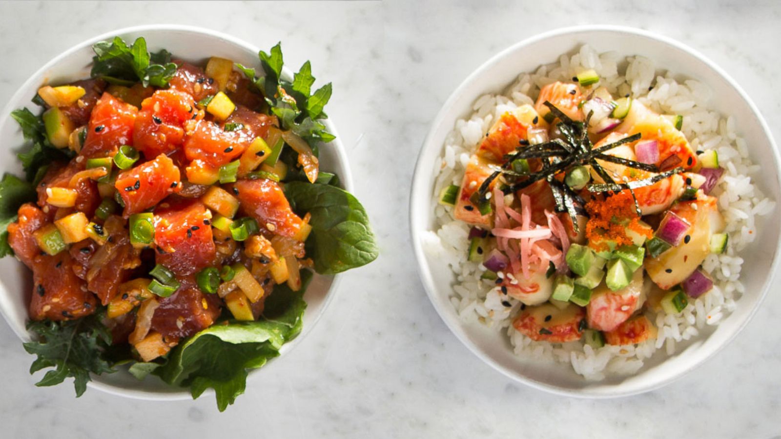 PHOTO: Alaska Surimi Seafood California Roll Poke and Alaska Salmon Korean BBQ Poke.