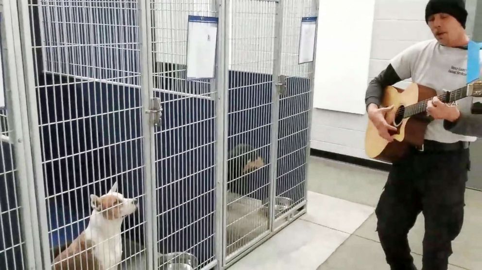 PHOTO: Chad Olds performed with his guitar and sang to the kennel of adoptable dogs at Friends of Vance County Animal Shelter in North Carolina on Feb. 13, 2018.
