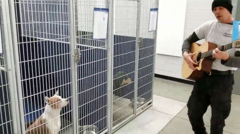 PHOTO: Chad Olds performed with his guitar and sang to the kennel of adoptable dogs at Friends of Vance County Animal Shelter in North Carolina on Feb. 13, 2018.