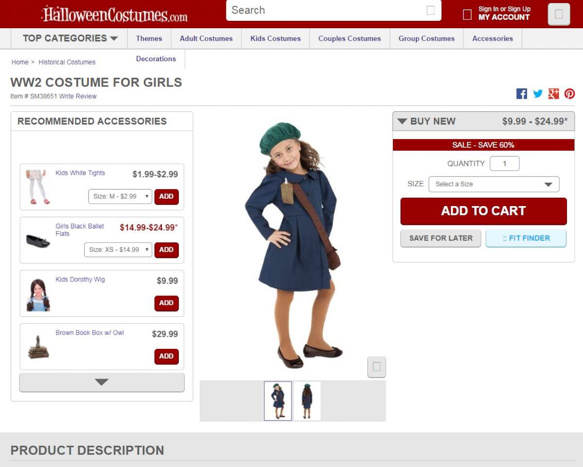 PHOTO: A costume depicting Anne Frank was being sold on the website, HalloweenCostumes.com, before being removed after people criticized the outfit on social media. 