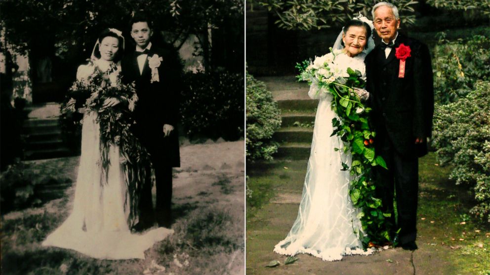 A split of images showing Cao Yuehua and Wang Devi posing for wedding photos.  
