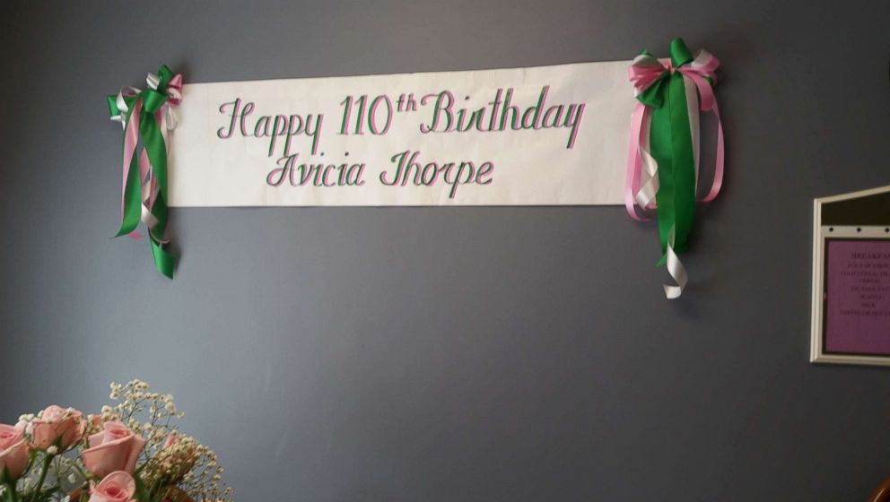 PHOTO: A banner hangs for Avicia Thorpe's 110th birthday party in Danville, Va., April 16, 2018.