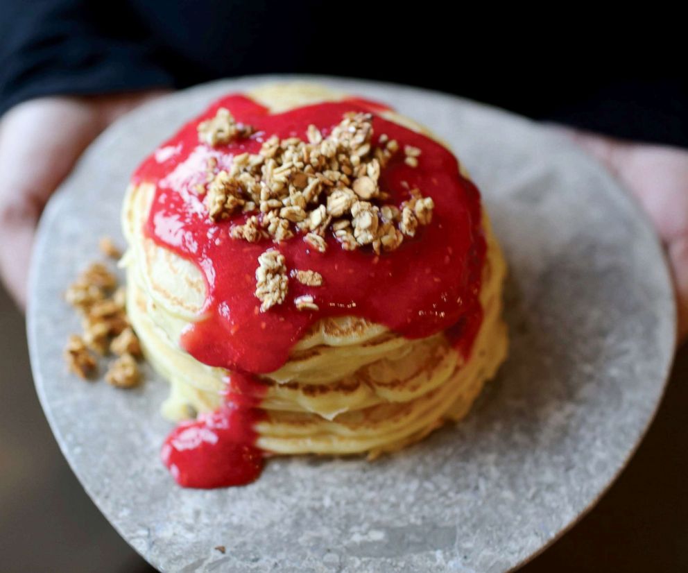 PHOTO: Ayesha Curry shares her recipe for pancrepes, a mix between a pancake and a crepe, with raspberry sauce. (Copyright 2016 by Ayesha Curry.)