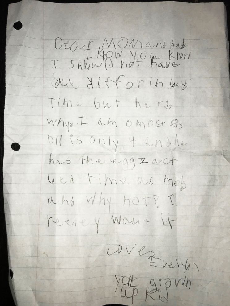PHOTO: Evelyn Underwood, 7, wrote this letter to try to convince her parents that she should have a later bedtime.