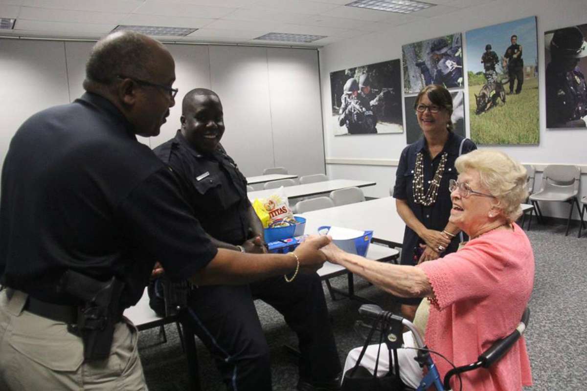 PHOTO: Betty Helmuth, 94, of Clearwater, Florida, reunited on Sept. 27 with Officer James Frederick and his colleagues of the Clearwater Police Department after they greeted her with hurricane supplies on Sept. 7 before she lost power from Hurricane Irma.
