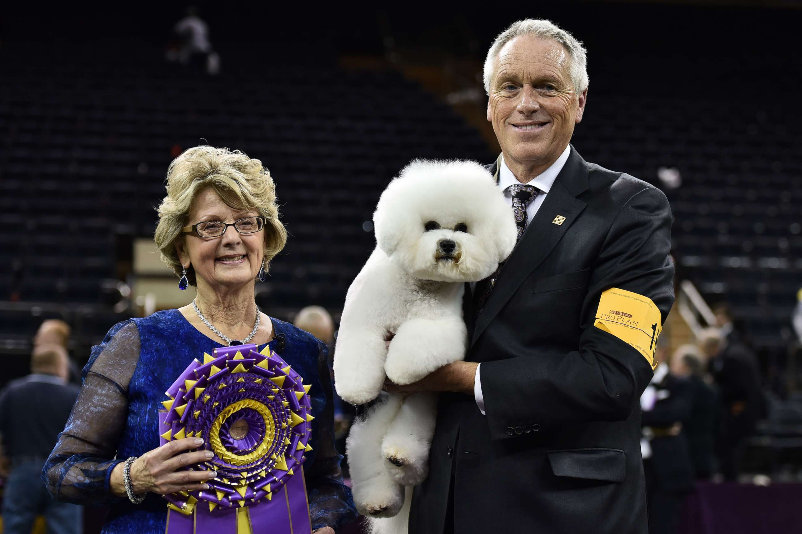 PHOTO: Flynn, a Bichon Frise, along with handler Bill McFadden (R) and judge Betty-Anne Stenmark (L) pose for pictures after winning the Best In Show at the 2018 Westminster Kennel Club Dog Show at Madison Square Garden, in New York City, Feb. 13, 2018. 