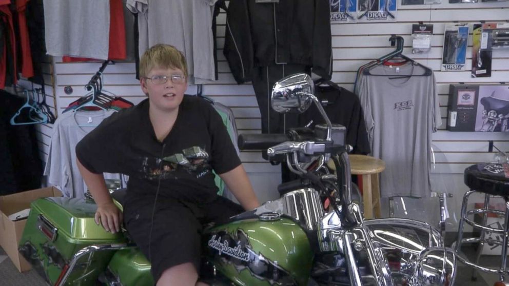 PHOTO: Phil Mick, 11, got a special motorcycle ride and escort for his trip to school Aug. 1 in Indiana, to help boost his confidence. 