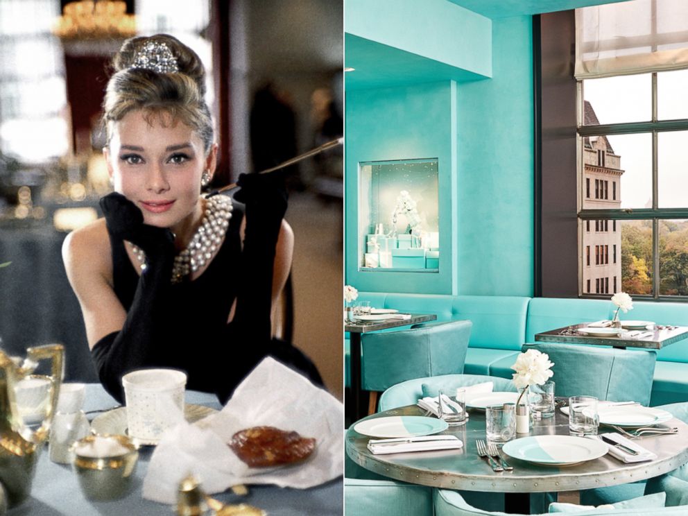 PHOTO: Audrey Hepburn poses for a publicity still for the Paramount Pictures film 'Breakfast at Tiffany's' in 1961, in New York City | The iconic Tiffany Blue color is seen throughout the interior floor plan and at the forefront of the cafe's design.