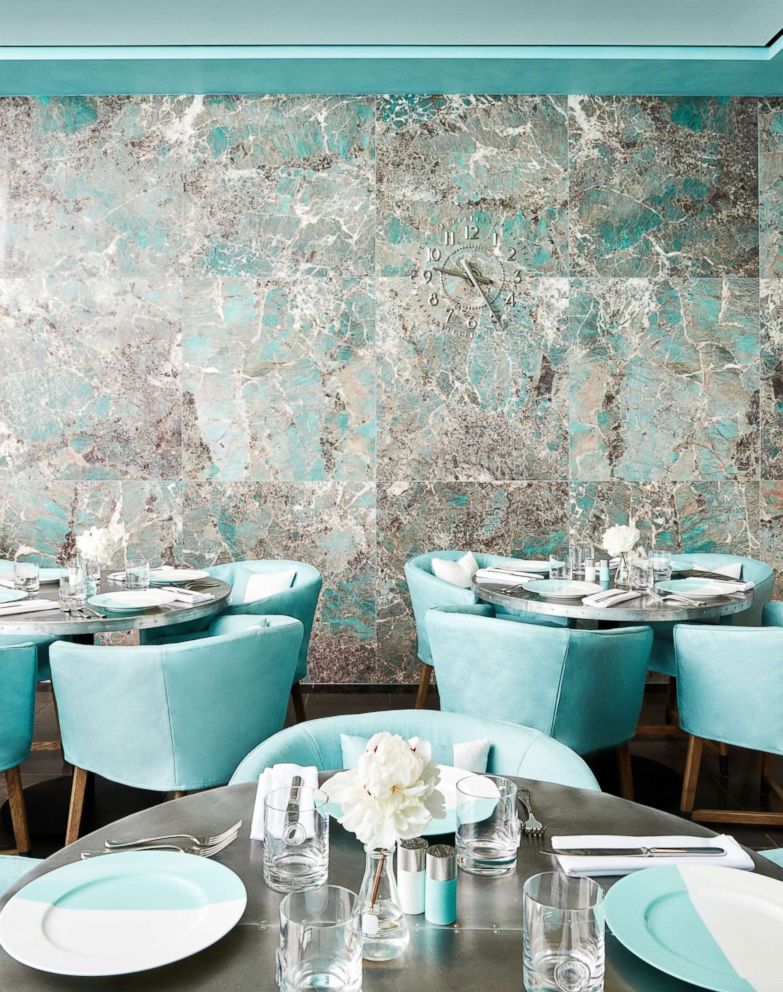 PHOTO: Tiffany's new Blue Box Cafe features elegant finishes like herringbone marble and amazonite stone.