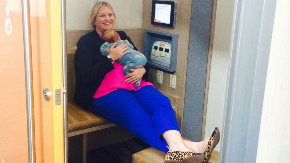 PHOTO: Stephanie Conduff sits inside a Leche Lactation suite with her son, Guthrie.