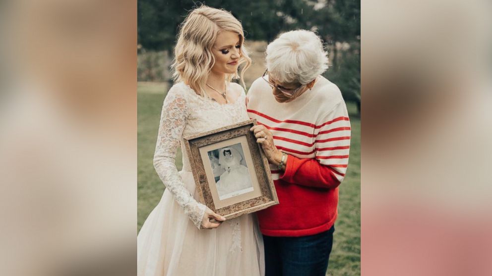 Wedding photographer captures "first look" photos between a bride and her grandmother.
