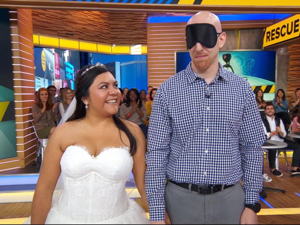 PHOTO: Myrna Orozco and her fiance, Stephen Gallos of Texas, appeared on ABCs Good Morning America, Oct. 20, 2017, where Orozco chose a dress out of 20 designer garments, after losing her original gown in Hurricane Harvey.