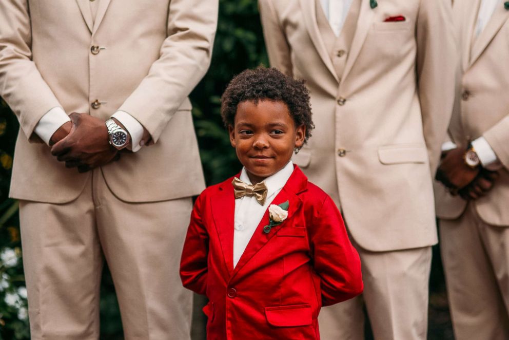 PHOTO: A smiling Bryson Suber, 6, looks at his mother Tearra Suber as she walks down the aisle on Sept. 4, 2016.