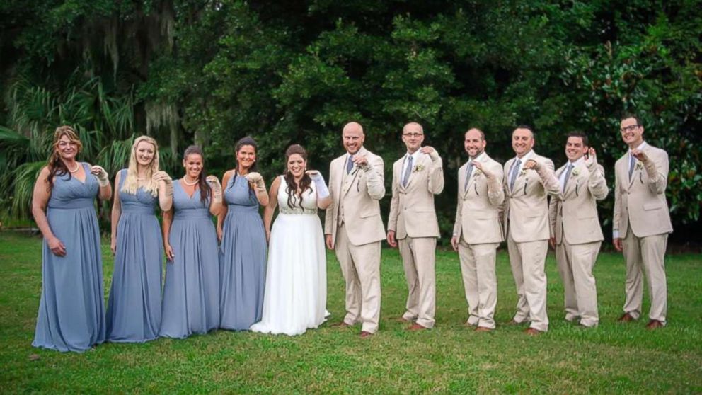 Jaclyn Summers' bridal party surprised her by wearing bandages at her Aug. 31 wedding after the bride broke her wrist a week before.