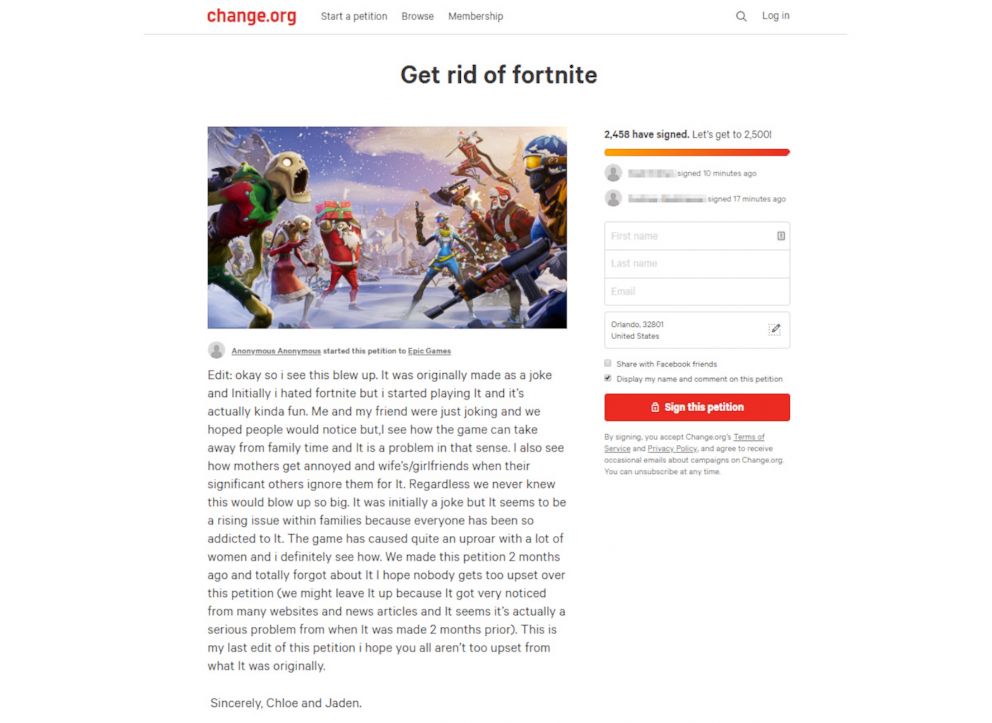 PHOTO: Girlfriends of gamers started psuedo-joke petitions on Change.org calling for a ban on the video game Fortnite to save their relationships.