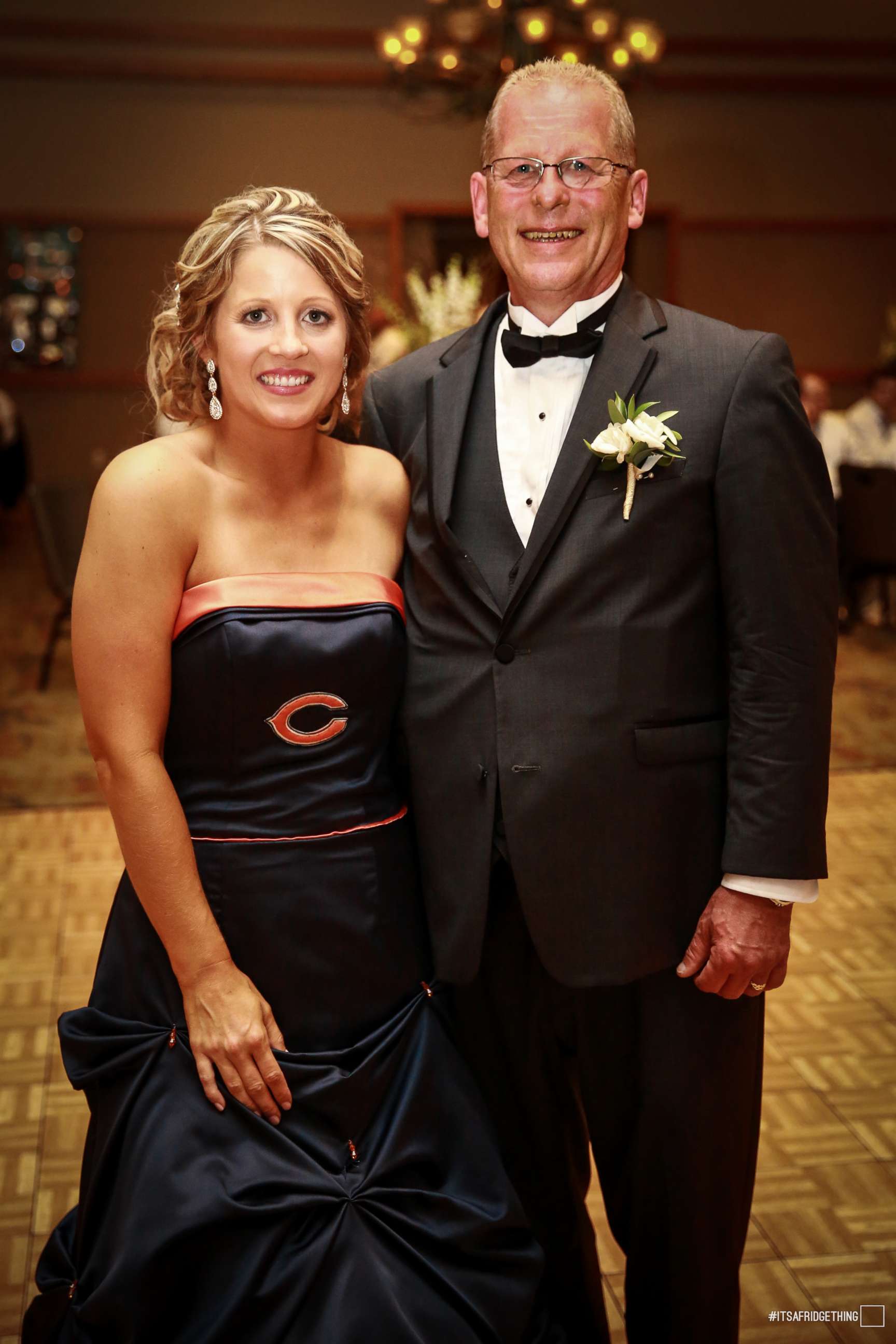 PHOTO: Brittney Harmon surprised her die-hard Chicago Bears fan father, Steve Benda, by wearing a team-themed dress at her wedding on July 22, 2017.