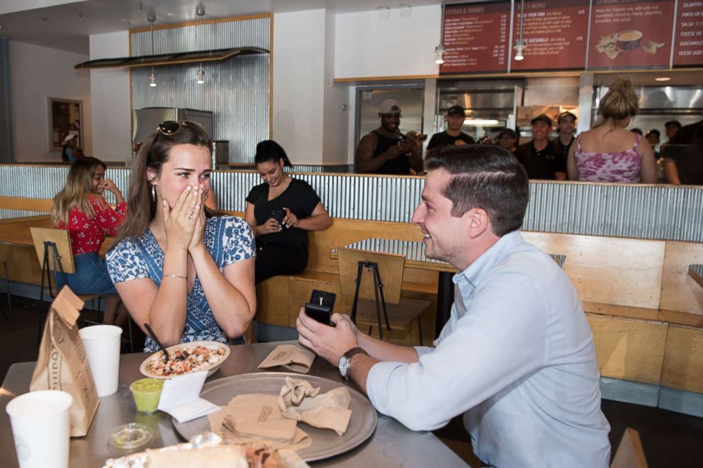 PHOTO: Natalie Neach, 25, and Chris Piwinski, 27, were celebrating their two-year anniversary when they got engaged at Chipotle.