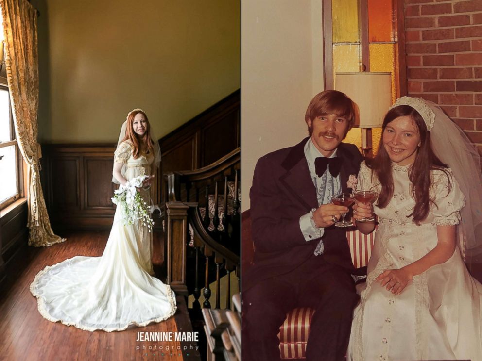 PHOTO: Colleen Dejno, 33, of St. Paul, Minnesota, wears the wedding gown belonging to her mother, Patricia, and Patricia poses at her 1973 wedding.
