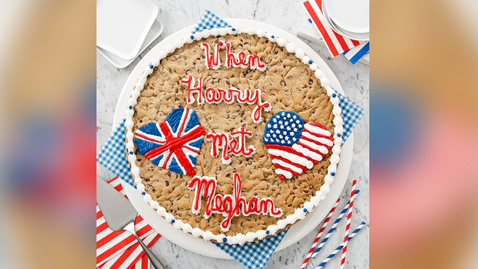 PHOTO: Mrs. Fields dressed up the chocolate chip cookie cake for the royal wedding.