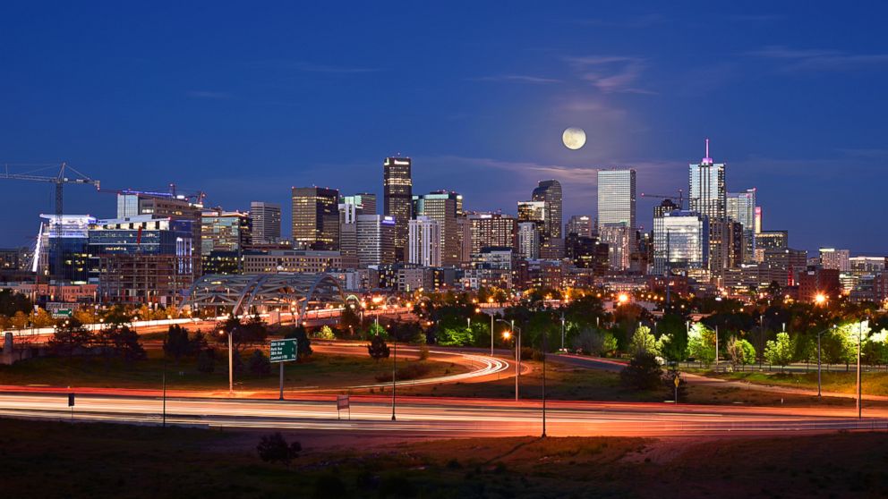 PHOTO: This image was taken when the full moon rose behind the Denver skyline, May 21, 2016.