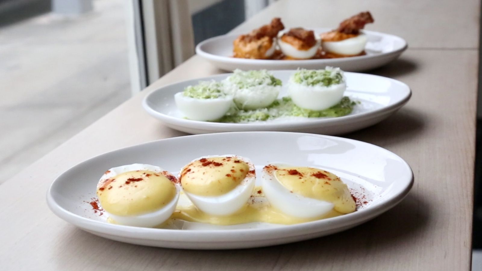 PHOTO: Chef Nick Korbee prepared three types of deviled eggs: classic deviled eggs, front, artichoke-pesto deviled eggs and tikka-masala deviled eggs.