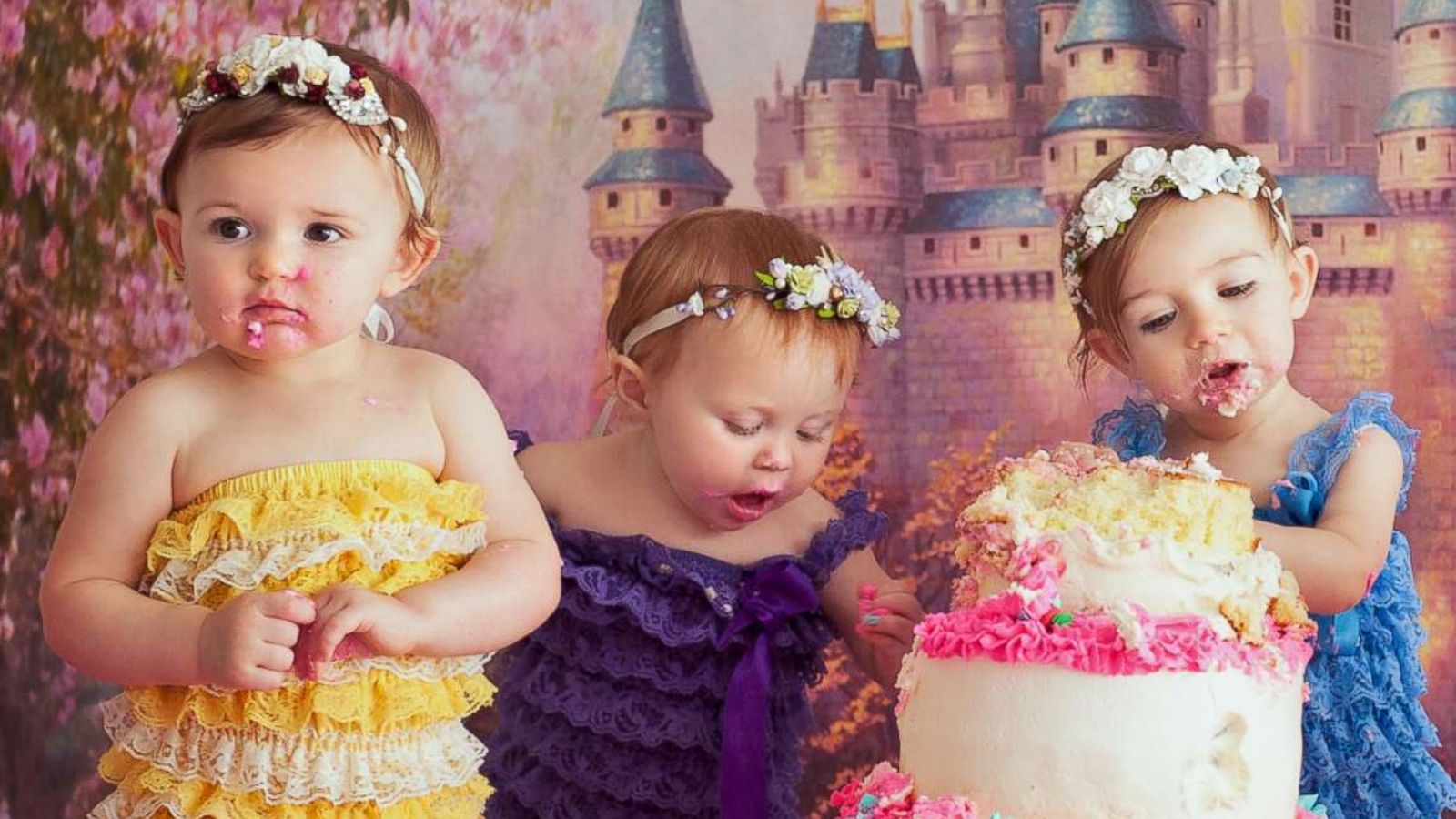 PHOTO: These babies who were photographed as newborn Disney princesses have reunited for a first-birthday cake smash.