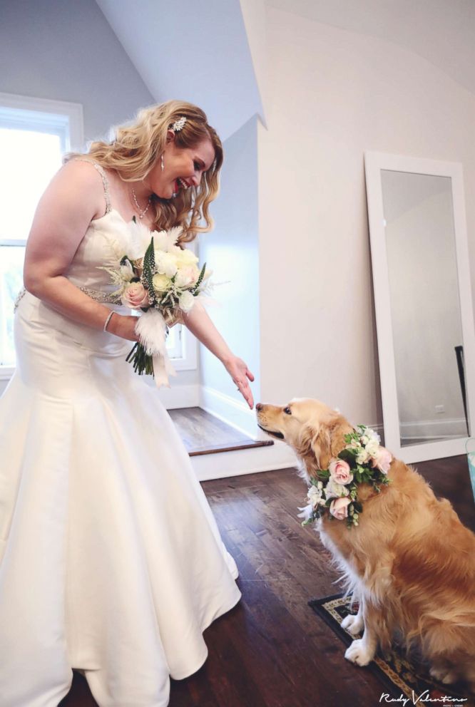 Dog as flower shop girl in wedding