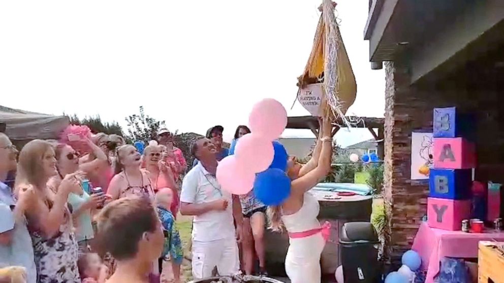 Coco the dog floats down to Brooke Holton in front of their guests to reveal her baby's gender.