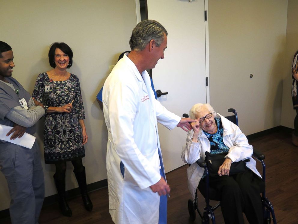 PHOTO: Dr. Bruce Bowers from Medical City Dallas in Texas with the birthday girl, Dorothy Lowman.