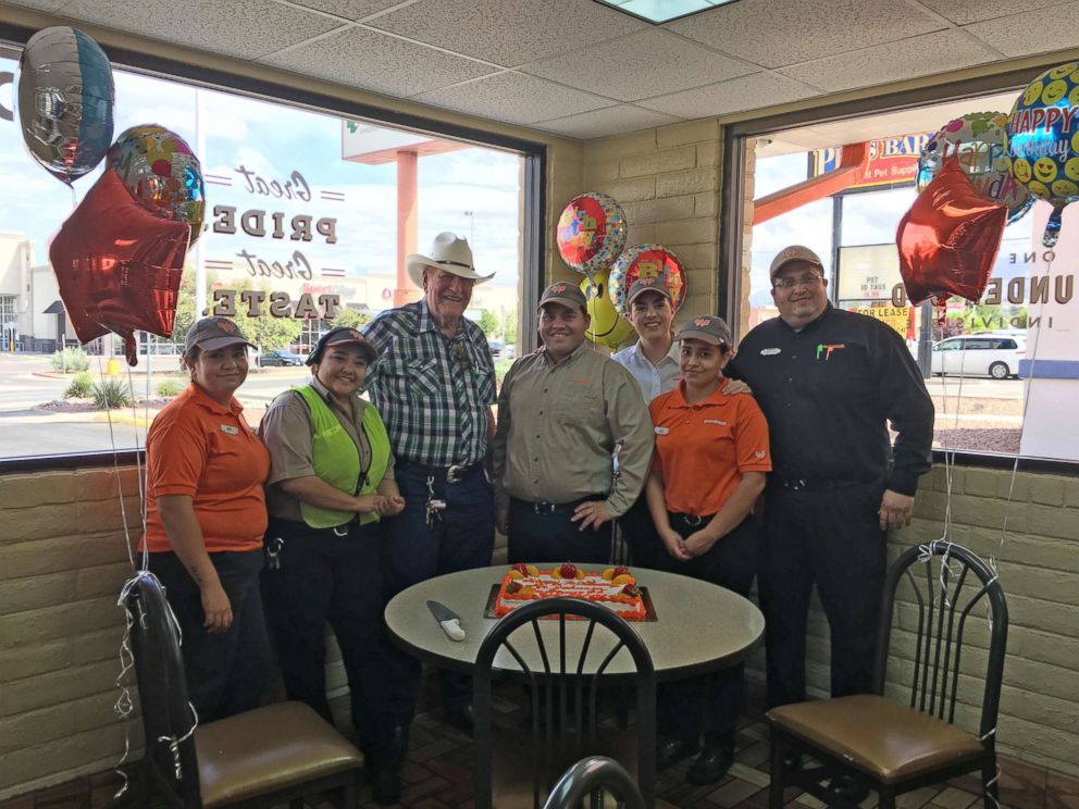 PHOTO: Ed Johnson, a loyal Whataburger customer, was surprised with balloons and cake when he arrived on his 80th birthday. 