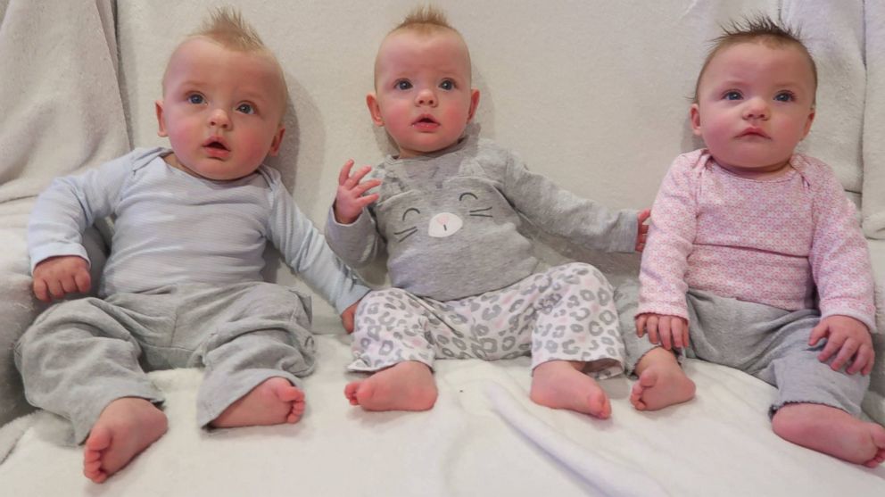 PHOTO: Mickey and Samantha Clark's triplets, Shepherd, Eleni and Ayla Clark, turned six months old in February 2018.