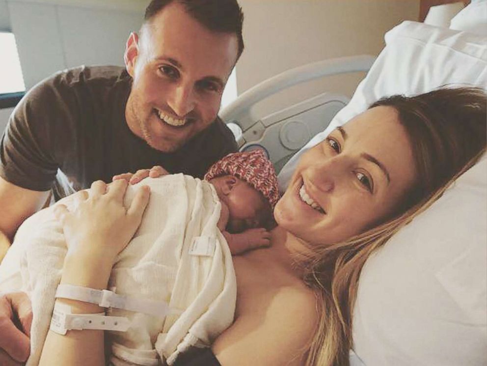 PHOTO: Dr. Emily Jacobs, 28, an OB/GYN resident at University of Iowa Hospitals and Clinics, gave birth hours after delivering another patients baby. Seen in this photo is Emily Jacobs, her husband ryan Jacobs, 28 and her son, Jett, now 1 month old.