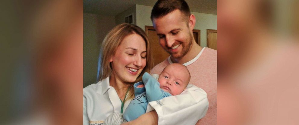 PHOTO: Dr. Emily Jacobs, 28, an OB/GYN resident at University of Iowa Hospitals and Clinics, gave birth hours after delivering another patient's baby. Seen in this photo is Emily Jacobs, her husband ryan Jacobs, 28 and her son, Jett, now 1 month old