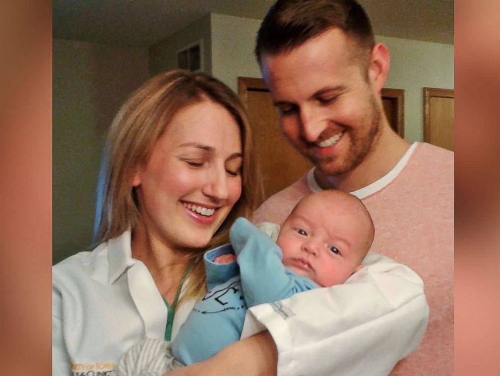 PHOTO: Dr. Emily Jacobs, 28, an OB/GYN resident at University of Iowa Hospitals and Clinics, gave birth hours after delivering another patients baby. Seen in this photo is Emily Jacobs, her husband ryan Jacobs, 28 and her son, Jett, now 1 month old