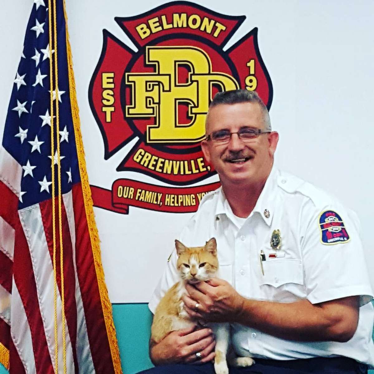 PHOTO: The firefighters at Belmont Fire Department in Greenville, S.C., said Flame the cat is therapeutic for them.
