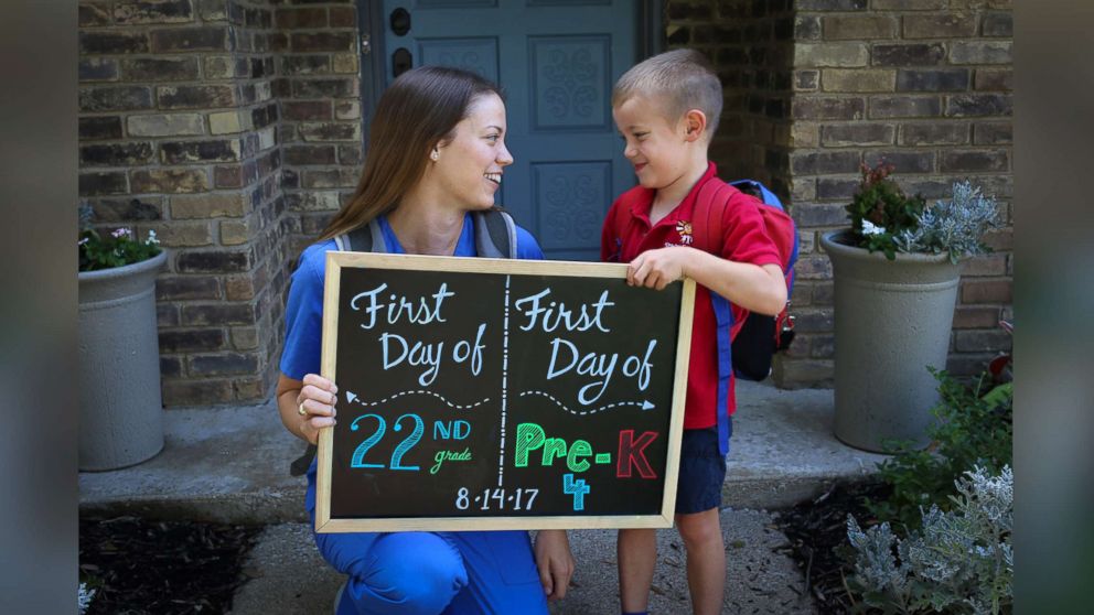 Katie Tucker and son Edric, 4, of Dallas, commemorated their first days of school with an adorable photo announcement. 