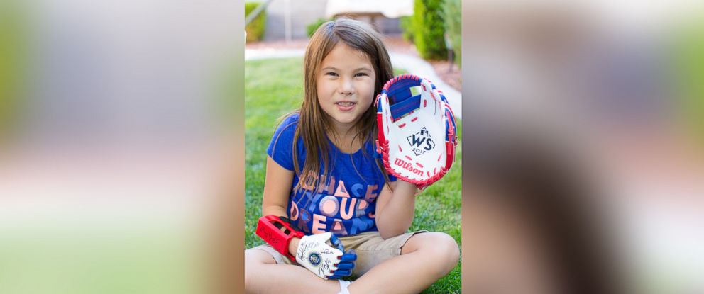 PHOTO: Hailey Dawon, a 7-year-old girl from Nevada with a 3-D printed prosthetic hand whose dream of throwing the first pitch at every major league ballpark, will throw the first pitch at Game 4 of the World Series tonight, on Oct. 28.