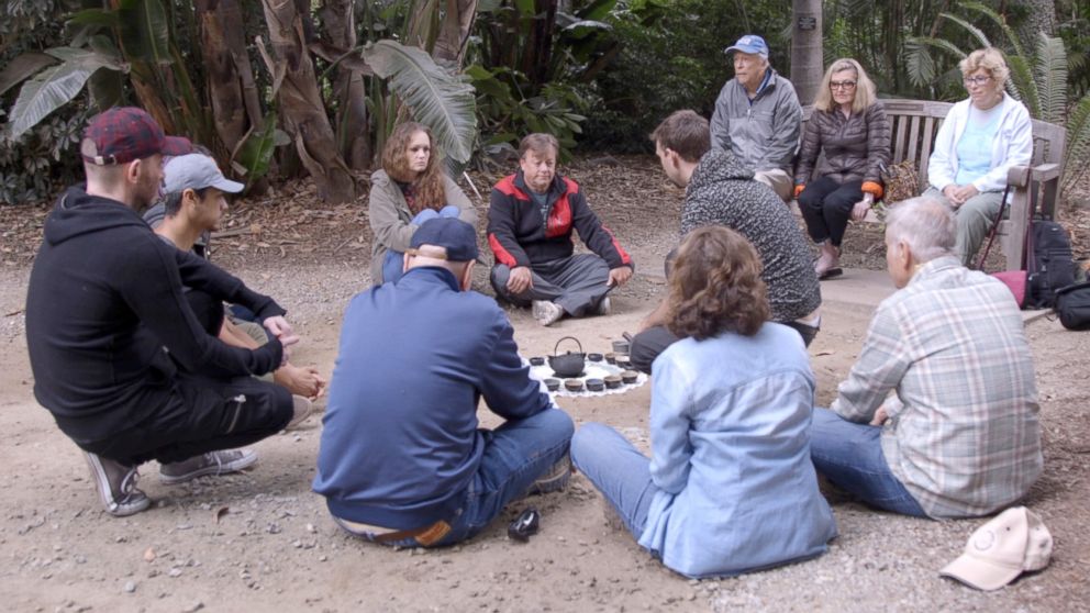 PHOTO: Forest bathing participants sit at the Los Angeles County Arboretum and Botanic Garden.