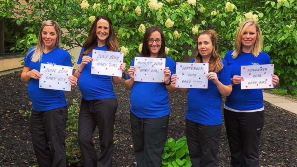 PHOTO: From left to right, Jessica Mielcarek, Anni Portocarrero, Meghan Keil, Kathy Krueger and Stephanie Holt are all colleagues at Franklin Park Pediatrics in Toledo, Ohio and expecting children within months of one another. 