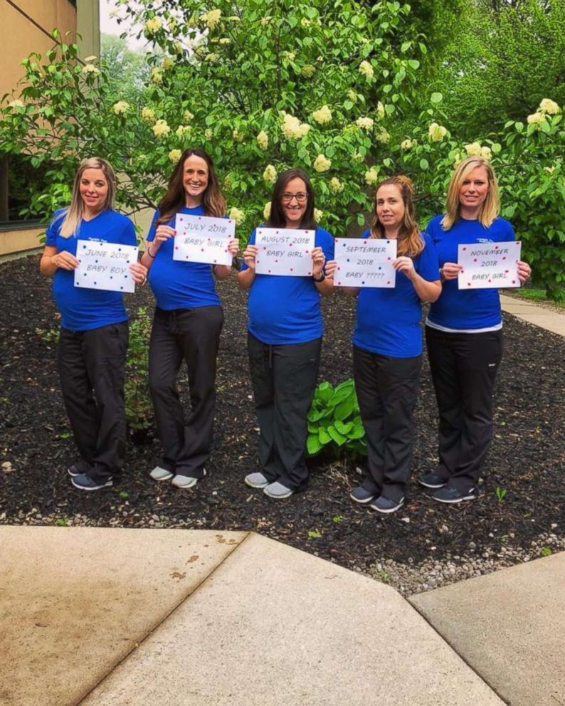 PHOTO: From left to right, Jessica Mielcarek, Anni Portocarrero, Meghan Keil, Kathy Krueger and Stephanie Holt are all colleagues at Franklin Park Pediatrics in Toledo, Ohio and expecting children within months of one another. 