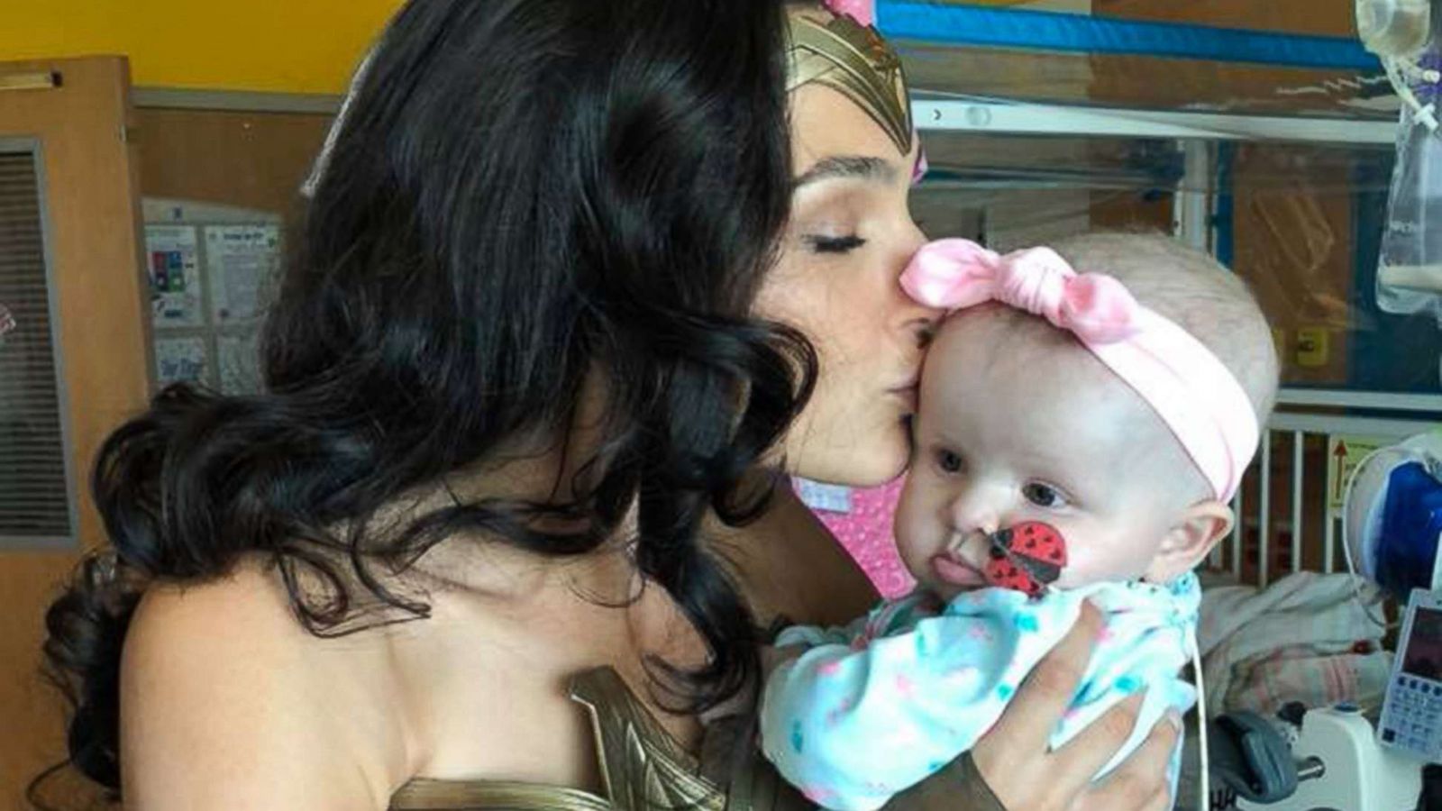 PHOTO: Actress Gal Gadot kisses 7-month-old Karalyne Sahady, who is being treated for acute myeloid leukemia, at Inova Children's Hospital in Falls Church, Va., July 6, 2018.