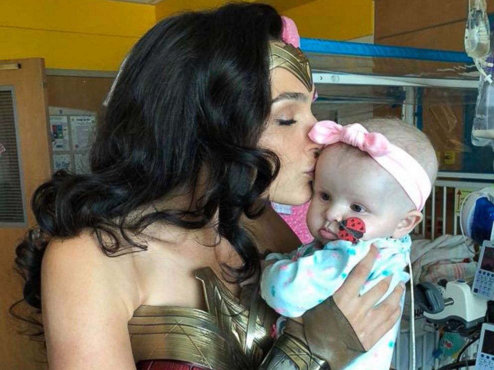 PHOTO: Actress Gal Gadot kisses 7-month-old Karalyne Sahady, who is being treated for acute myeloid leukemia, at Inova Childrens Hospital in Falls Church, Va., July 6, 2018.