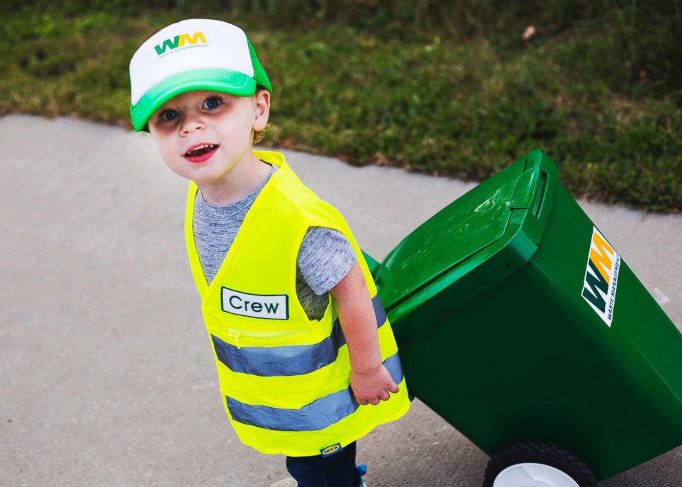 PHOTO: Crew Smith, 3, who loves garbage trucks, has his own vest and trash can that his father personalized for him. 