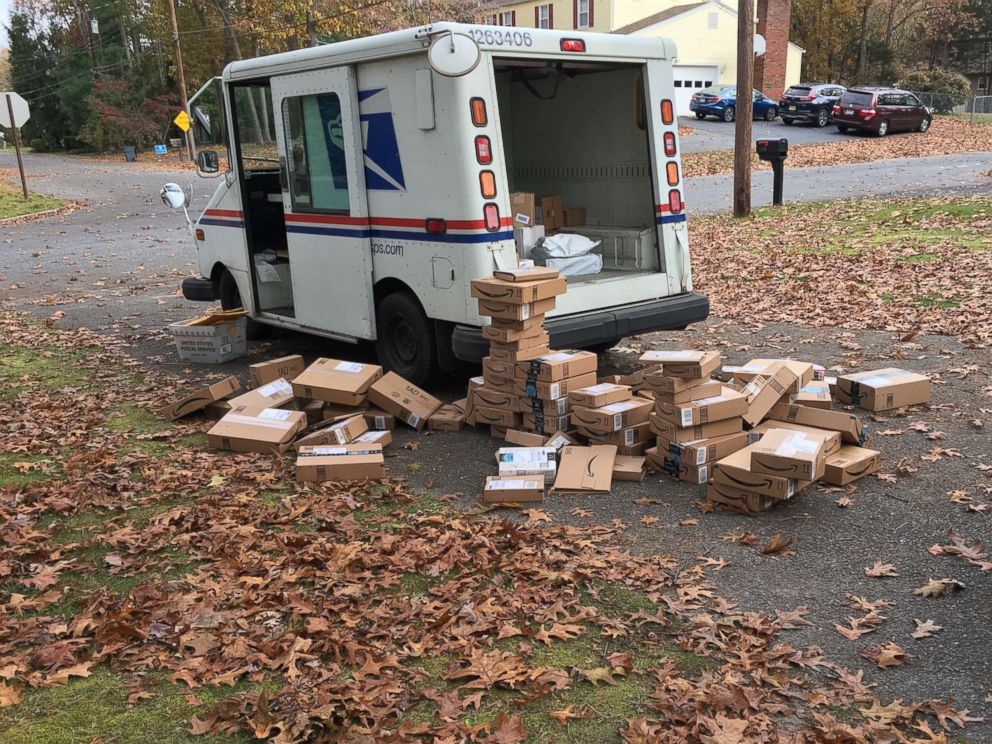 PHOTO: A USPS truck delivered hundreds of packages to the Tietjen family at their New Jersey home earlier this month.