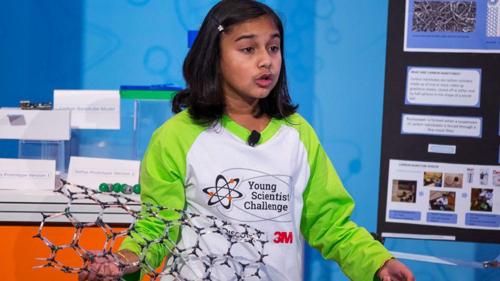 PHOTO: Gitanjali Rao presents her discovery to a panel of scientists and school officials at the 2017 Discovery Education 3M Young Scientist Challenge.