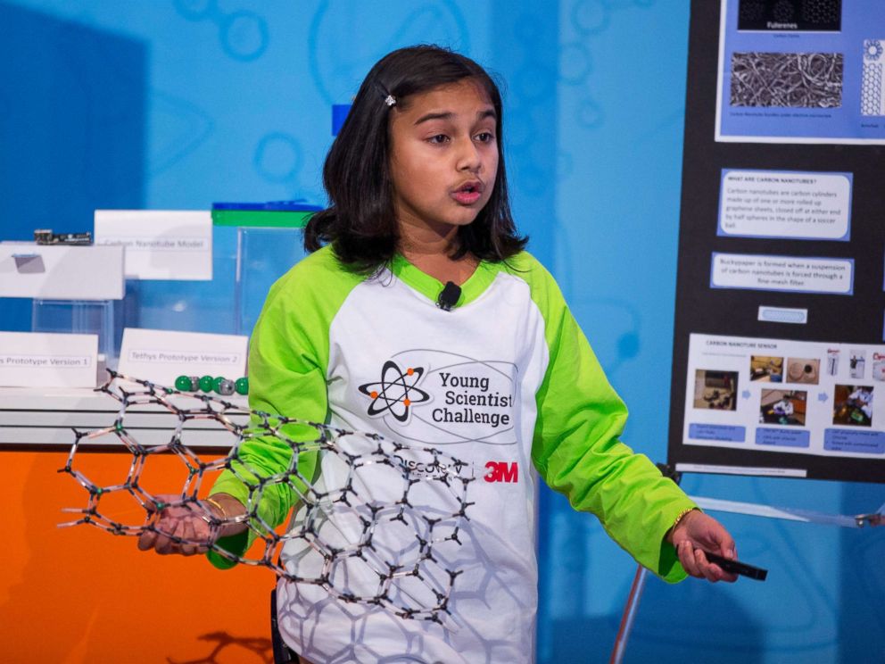 PHOTO: Gitanjali Rao presents her discovery to a panel of scientists and school officials at the 2017 Discovery Education 3M Young Scientist Challenge.