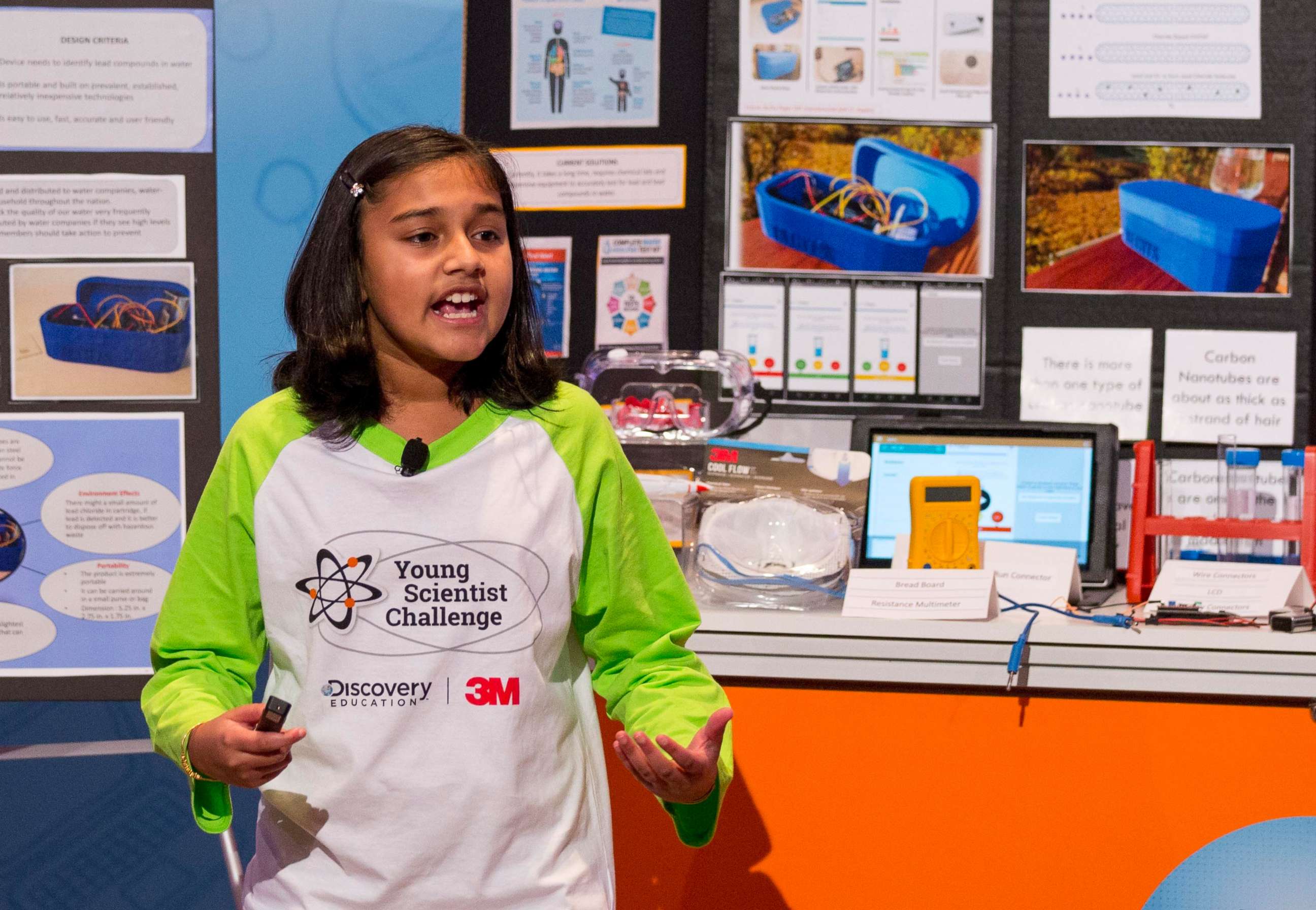 PHOTO: Seventh-grader Gitanjali Rao from Lone Tree, Colo. presents her winning invention at the the 2017 Discovery Education 3M Young Scientist Challenge finals in St. Paul, Minn.