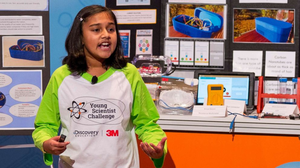 PHOTO: Seventh-grader Gitanjali Rao from Lone Tree, Colo. presents her winning invention at the the 2017 Discovery Education 3M Young Scientist Challenge finals in St. Paul, Minn.